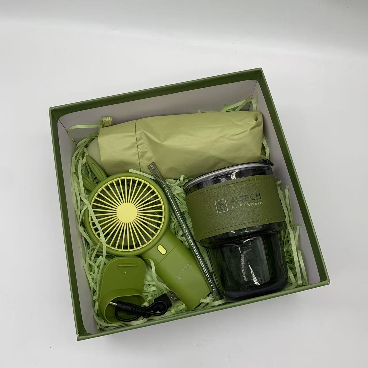 Handheld Fan, 400 ml Glass Coffee Cup with Straw and Six-Rib Mini Umbrella Gift Set