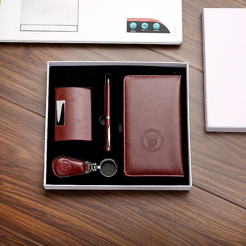 PU + Metal Car Holder, Metal Pen, PU Keychain and A6 Notebook Gift Set