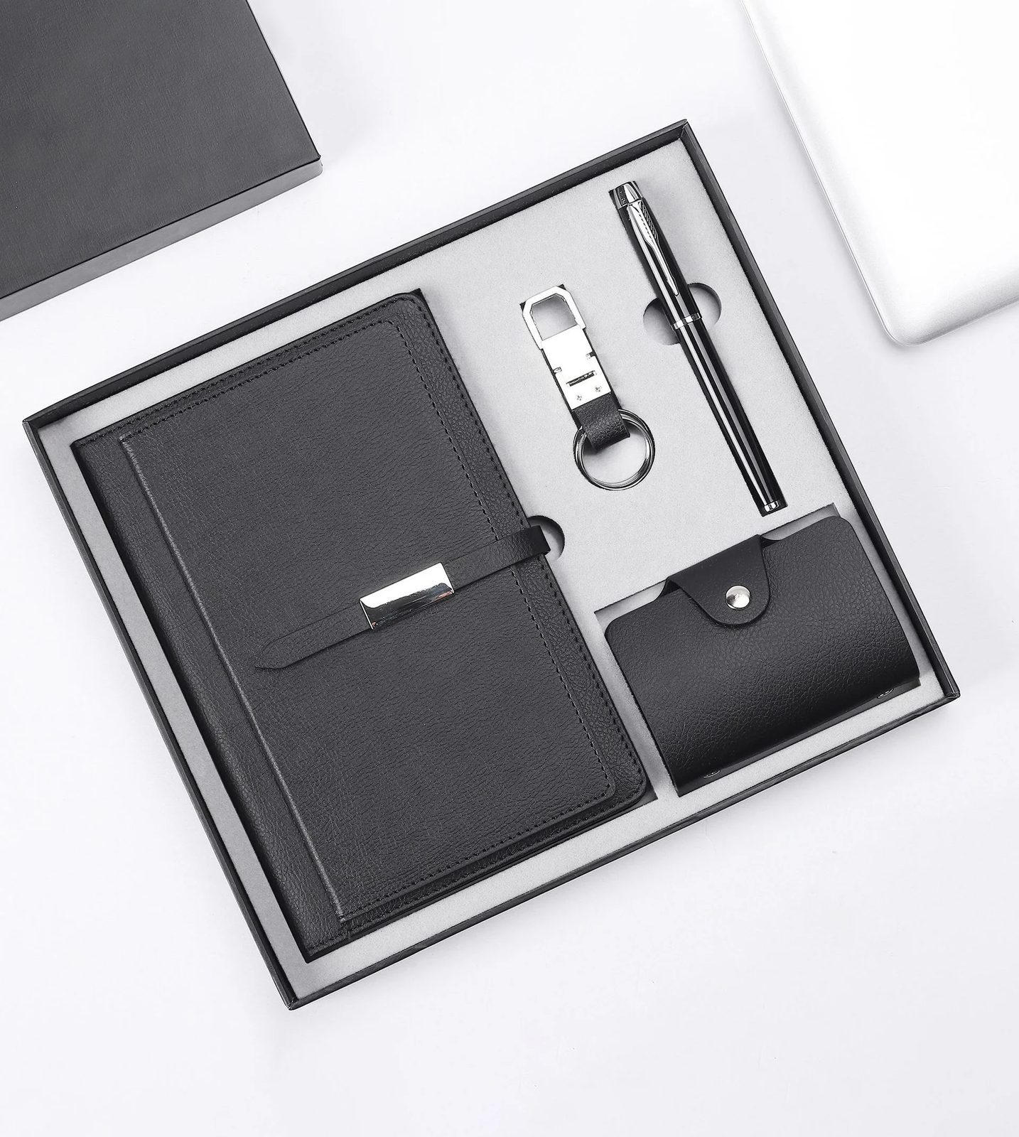 A5 Perfect Binding Notebook, Cardholder, PU + Metal Keychain and Metal Pen Gift Set
