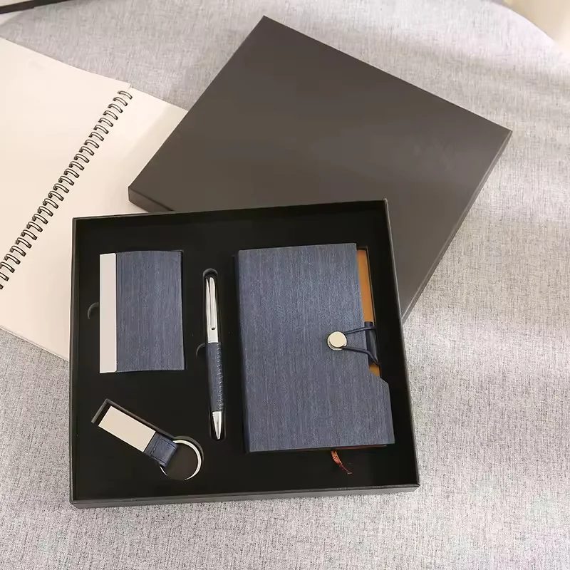 A5 Perfect Binding Notebook, Cardholder, PU + Metal Keychain and Metal Pen Gift Set