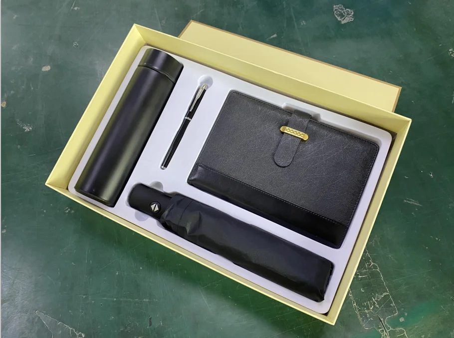 304 Stainless steel bottle without temperature display, Metal pen, Umbrella and A5 perfect binding notebook gift set