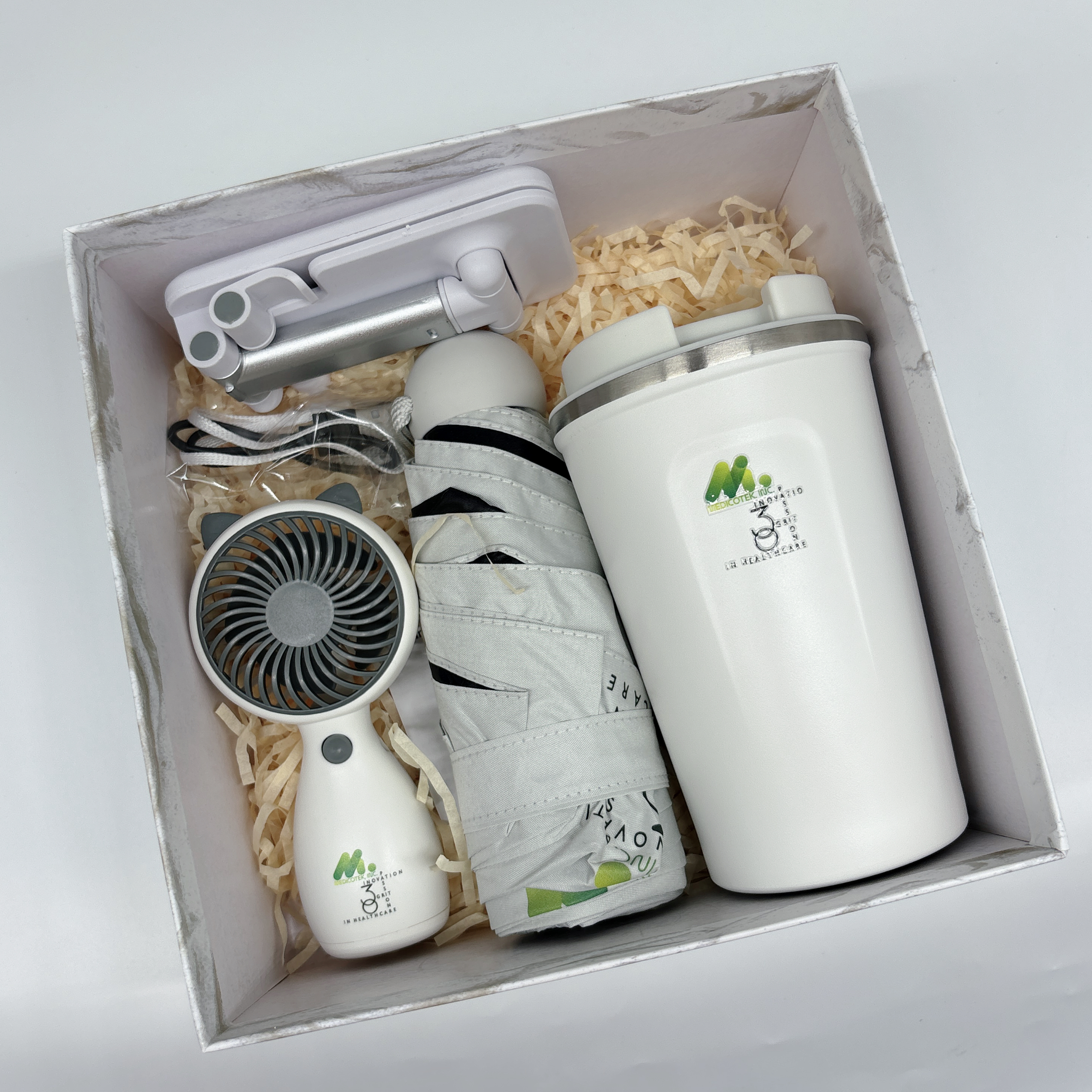 Coffee Mug, Phone Holder, Portable Mini Fan and Mini Umbrella Gift Set