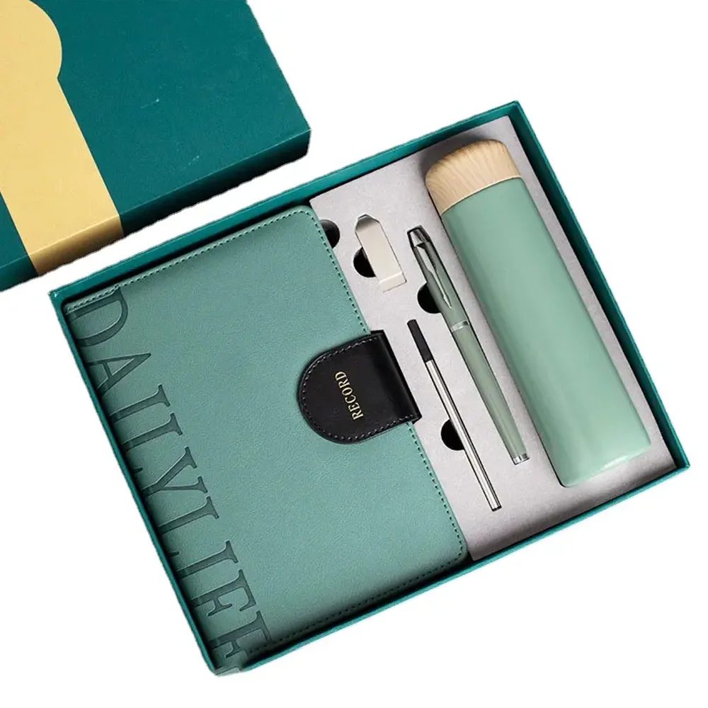 304 Stainless Steel Thermos Cup with Wood Cover, Metal Pen, 16GB USB Flash Drive and A5 Notebook Gift Set