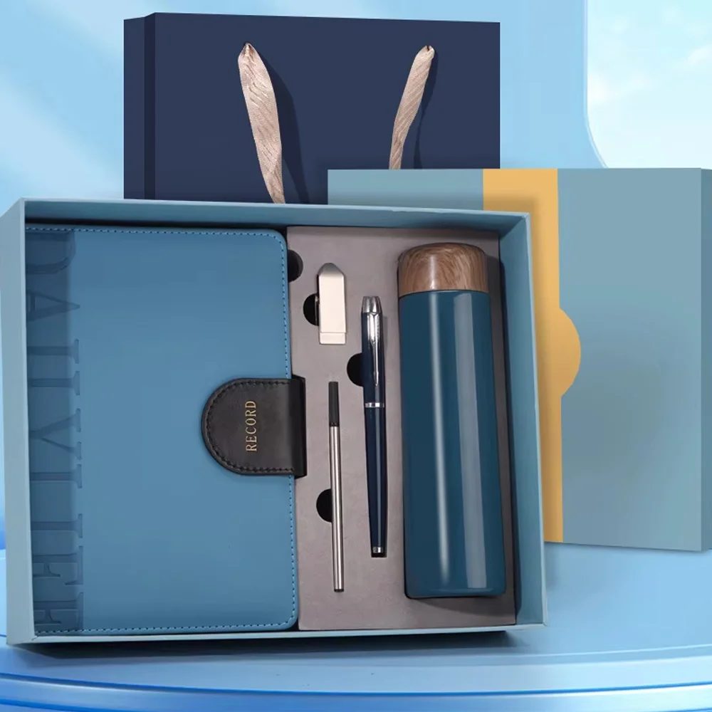 304 Stainless Steel Thermos Cup with Wood Cover, Metal Pen, 16GB USB Flash Drive and A5 Notebook Gift Set gallery 2