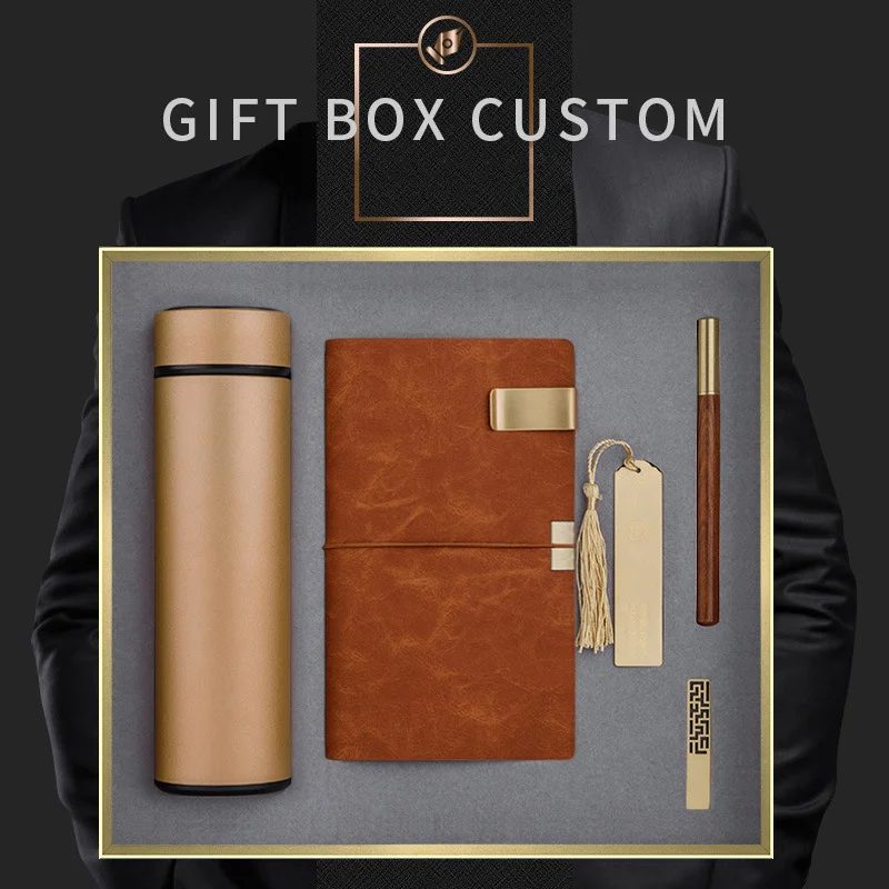 Custom Corporate Gift Set with 304 Stainless Steel Thermos Cup, Wood Pen, USB Flash Drive & Notebook