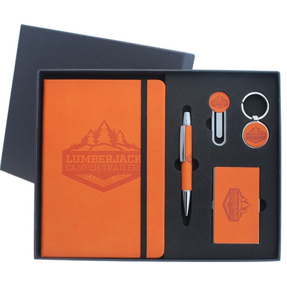 Metal + PU Keychain, PU Bookmark, PU Pen, Metal + PU Cardholder and A5 Perfect Binding Notebook Gift Set