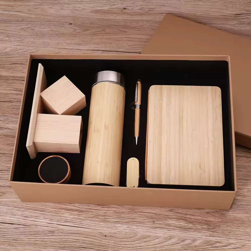 Wooden Executive Gift Set with Temperature Display Bottle & Wireless Charging Station