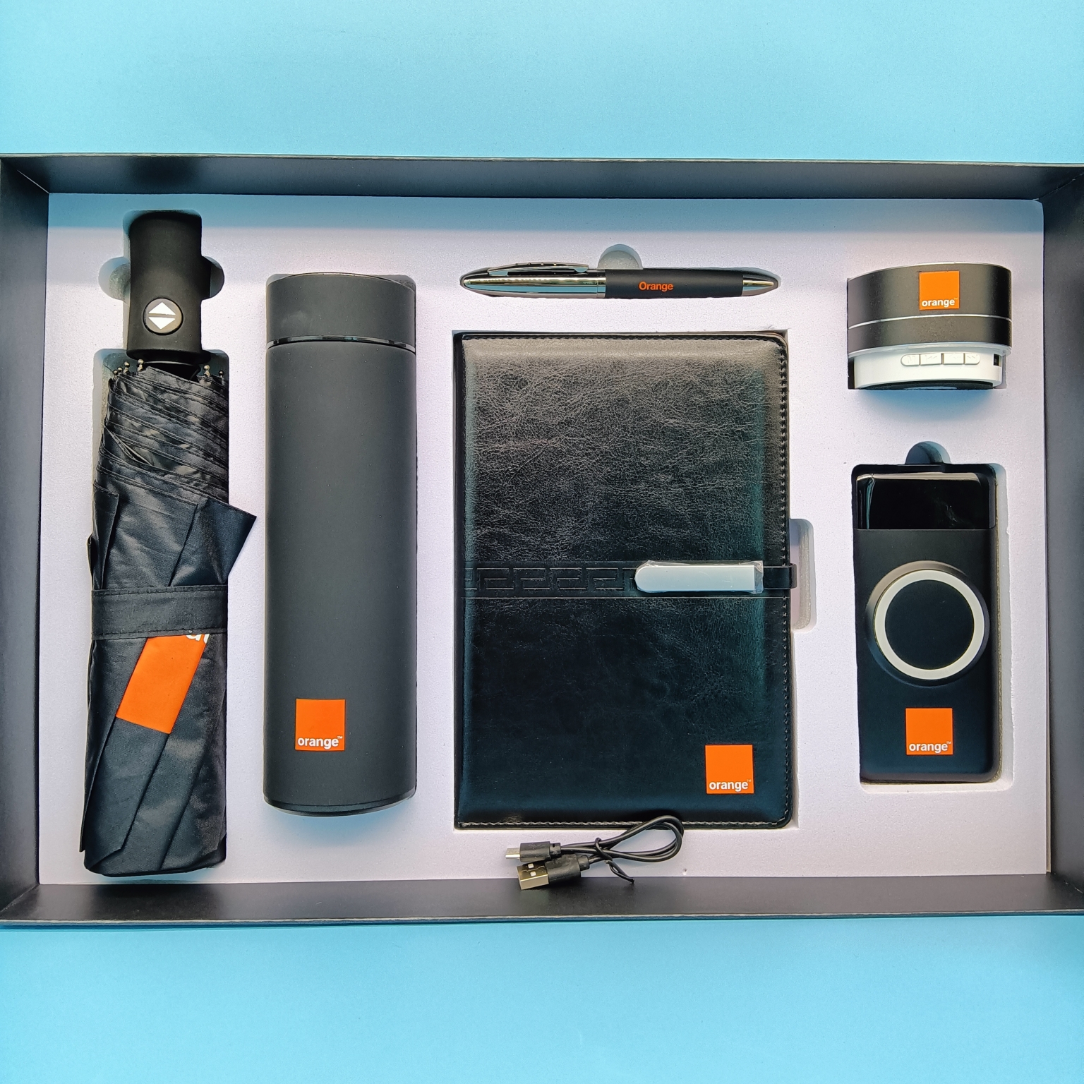 Premium Corporate Gift Set with Stainless Steel Bottle, Umbrella & Tech Accessories